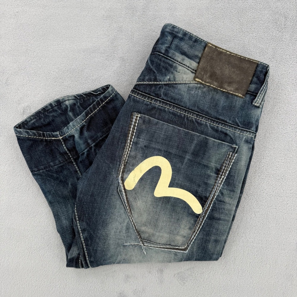 Evisu Cropped Denim Jeans Mens 30 Blue Distressed  Capri Japanese Streetwear